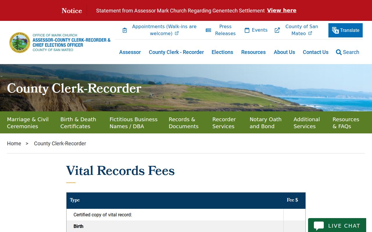 South San Francisco previous residents county vital-record fee information
