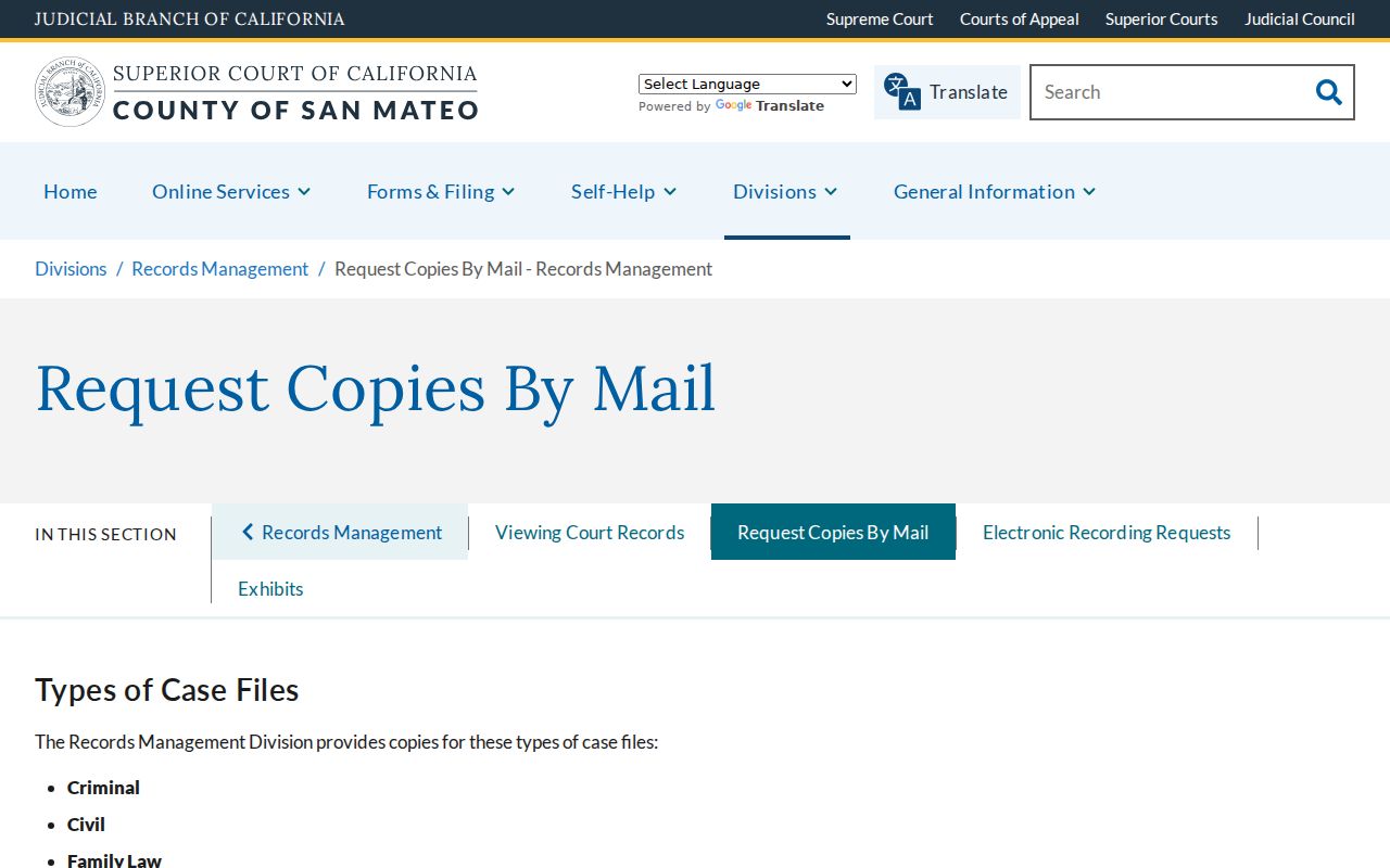 South San Francisco resident lookup court copy request instructions from San Mateo Records Management